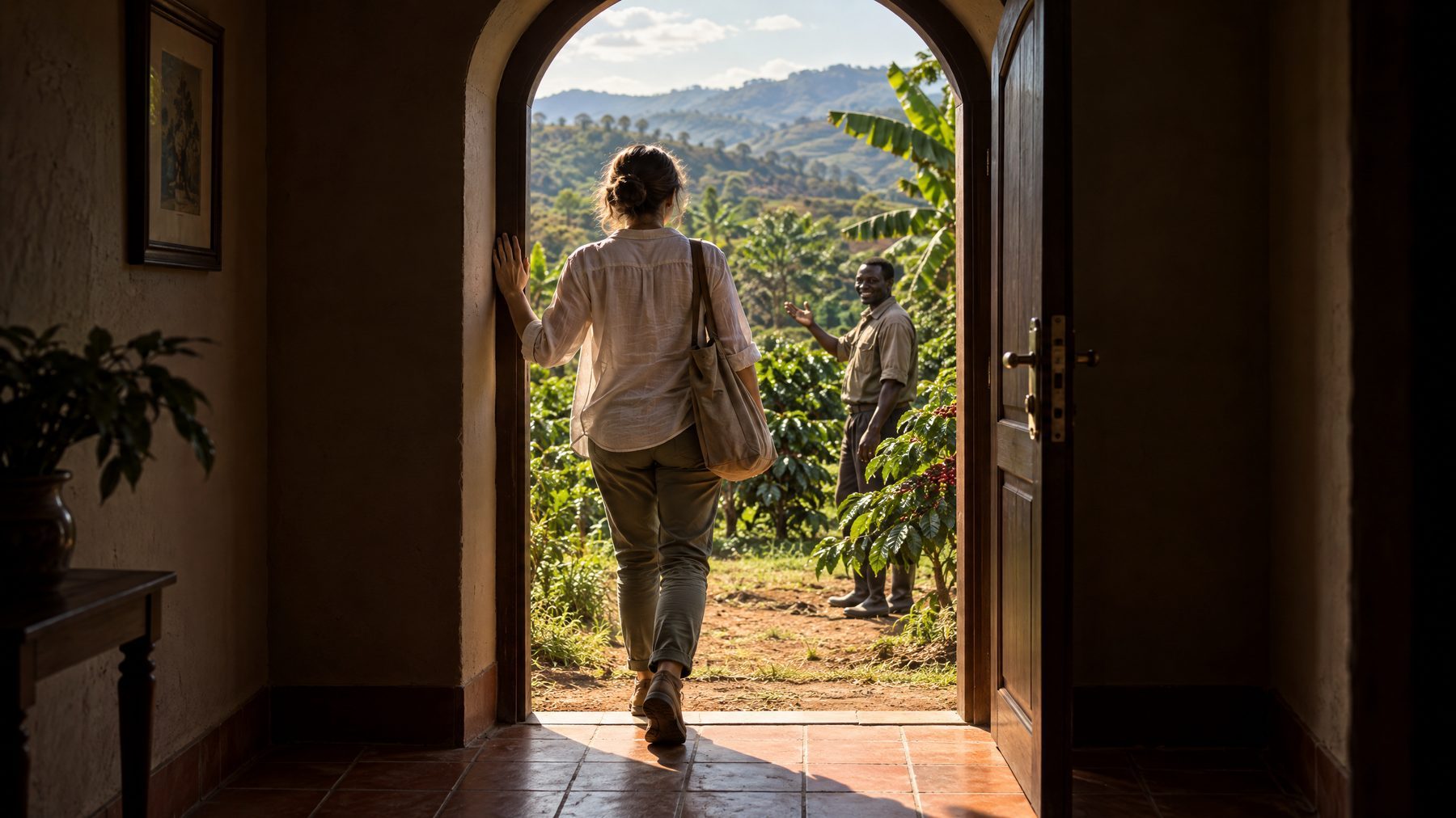 A traveller steps out of a dim hotel corridor through an arched doorway onto a sunlit coffee hillside, where a host raises a hand in welcome