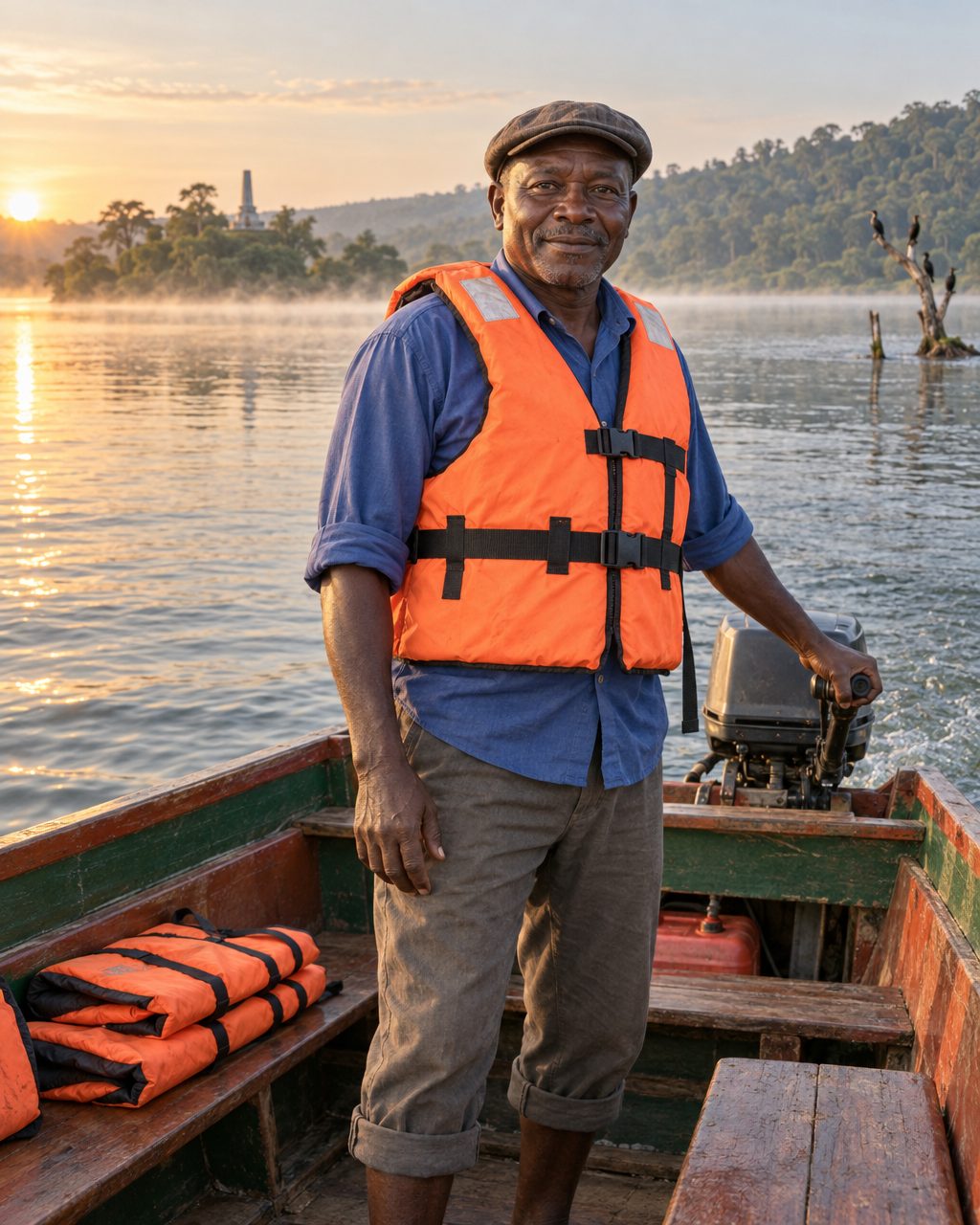A boat captain in a fastened life jacket at the tiller of a wooden launch on the Nile at Jinja in morning mist