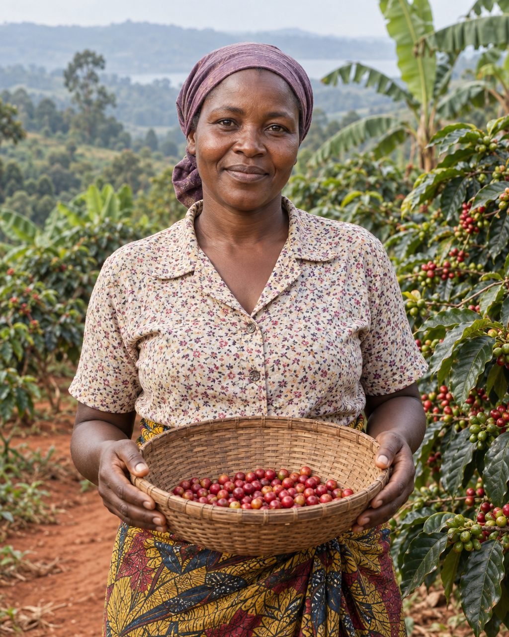 A coffee farmer holding a basket of red coffee cherries on a hillside farm outside Mpigi, looking into the camera