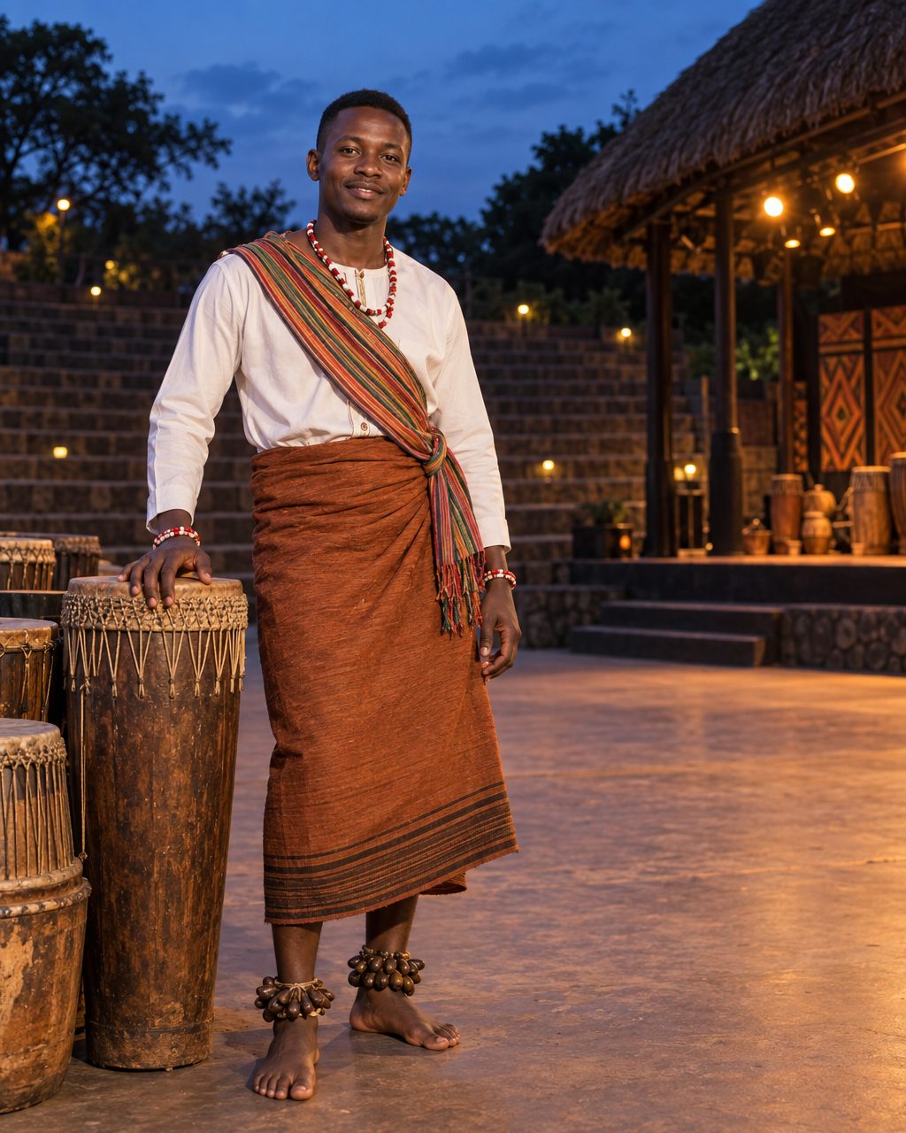 A Ndere Troupe dancer in bark cloth and beads at the edge of the amphitheatre stage at dusk